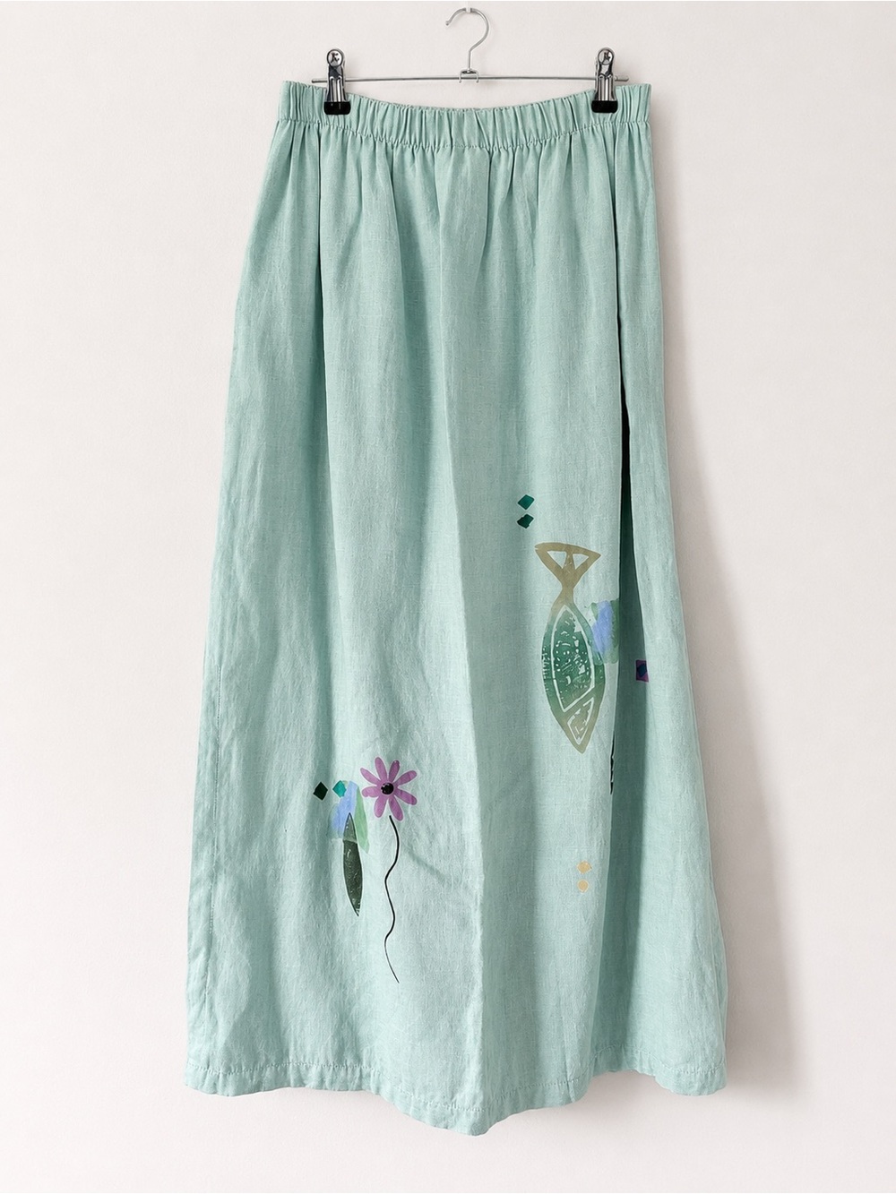 Vintage Play Alegre Hand Painted Art To Wear Maxi Skirt Mint Green Fish Floral